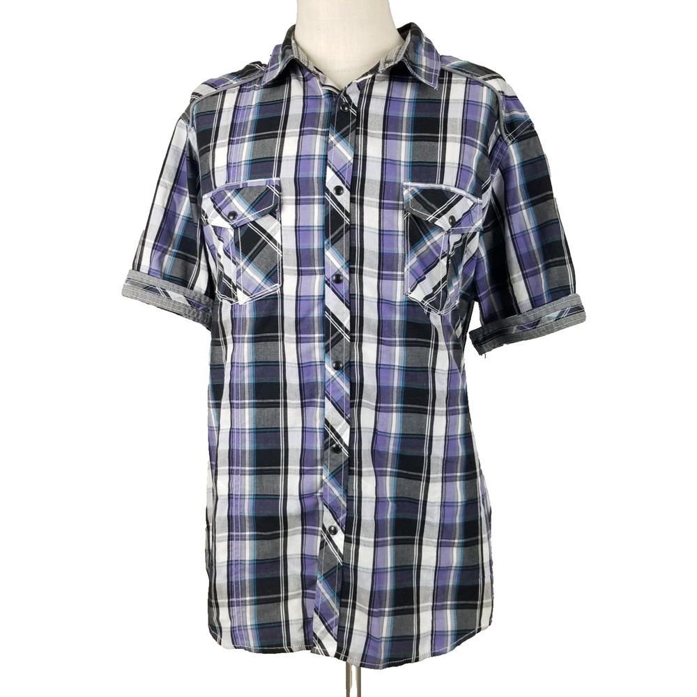 Various Artists Shirt Mens 2XL Black Purple Blue Plaid Western Pearl Snap Casual